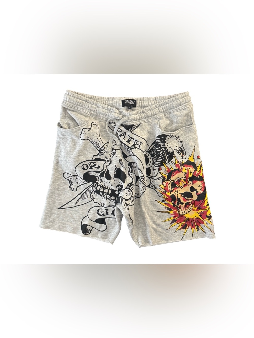 Ed Hardy Skull Graphic Fleece Sweat Shorts Gray Drawstring Size Large